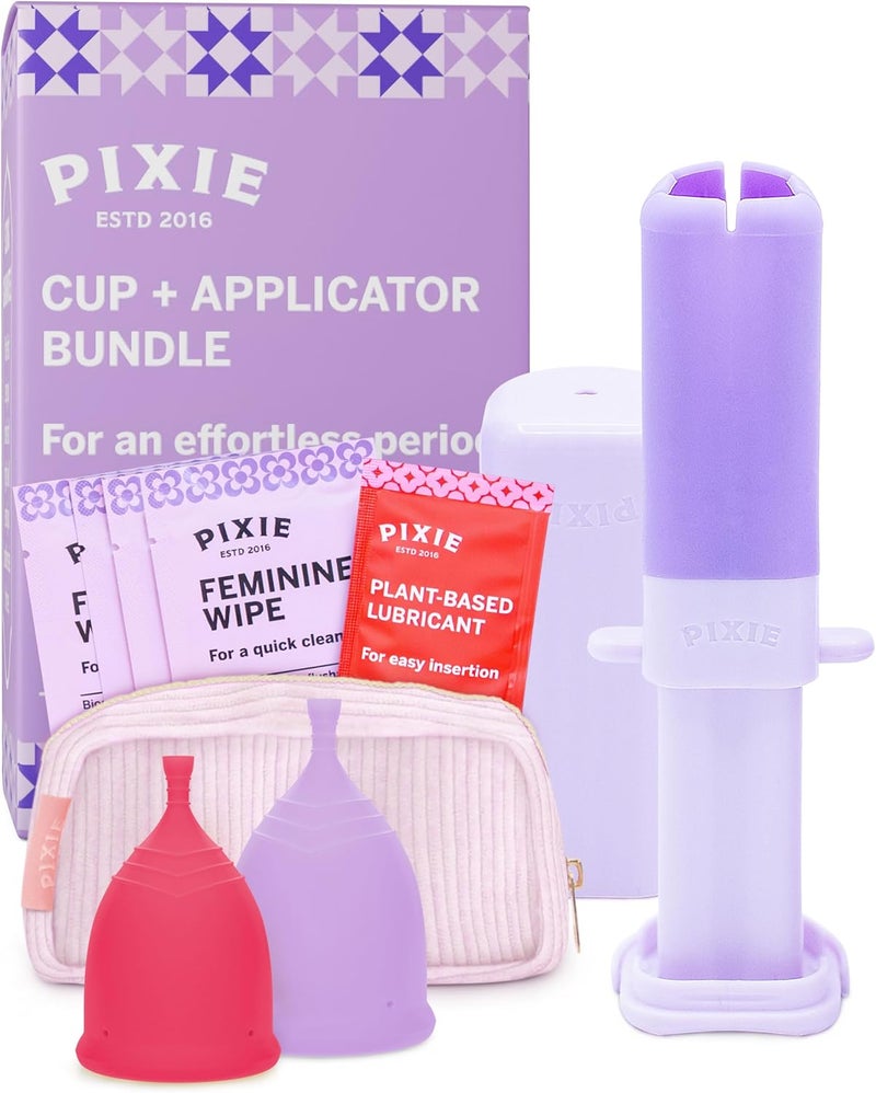 Pixie Cup 2 Menstrual Cups and Applicator Bundle - No Metals or Toxins - 100% Medical-Grade Silicone - Softest Reusable Period Cup - Inserts Like a Tampon - Capacity of 4 and 6 Tampons - Image 1